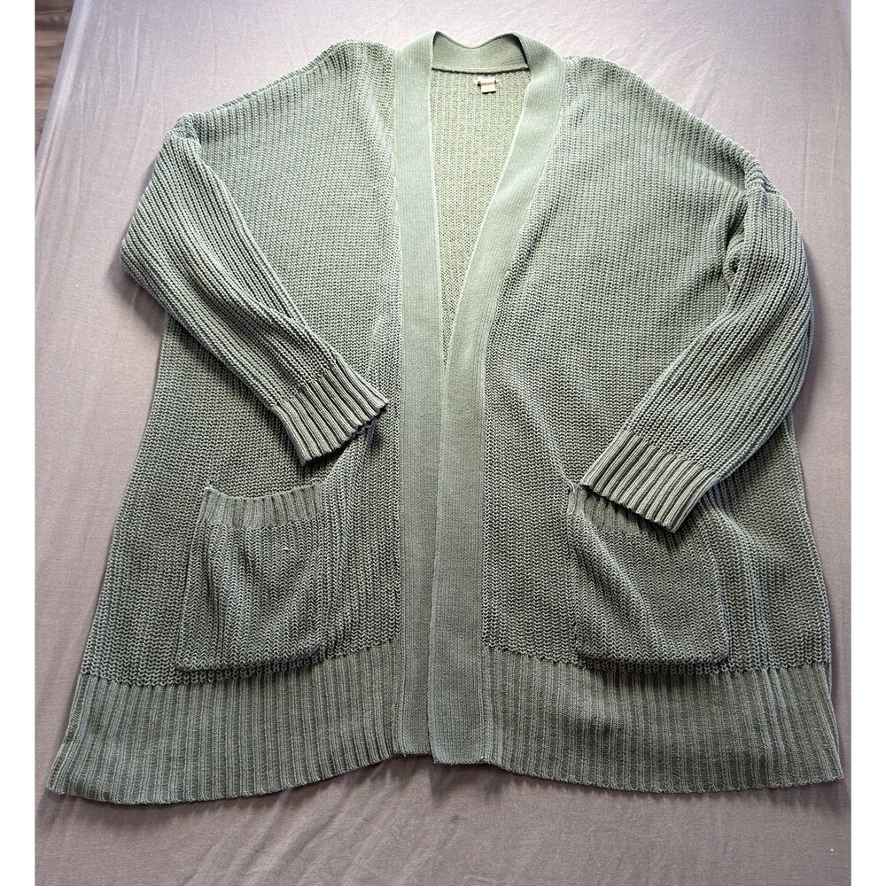 Aerie Women’s L Green Solid Knit Open Front V-Neck Cardigan Sweater Pockets